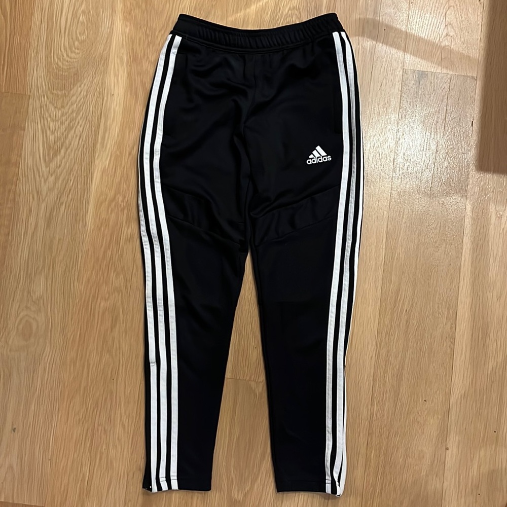 Kids Adidas Tiro 19 Training Soccer Pants, Black with White Stripes, Size S